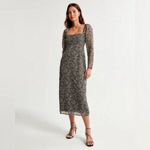 Abercrombie & Fitch Emerson Chiffon Long-Sleeve Midi Dress Black White Size XS